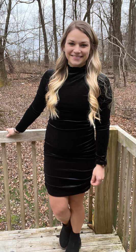 Black Ruched Velour Dress
