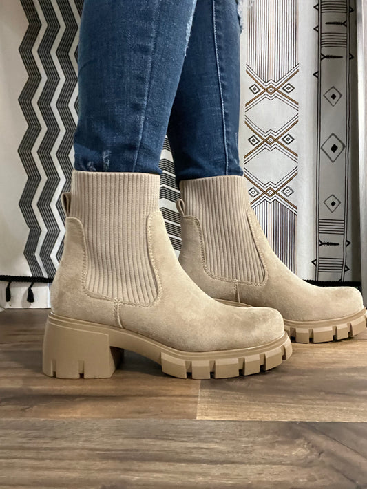 Light Wheat Suede Chunky Ankle Boots