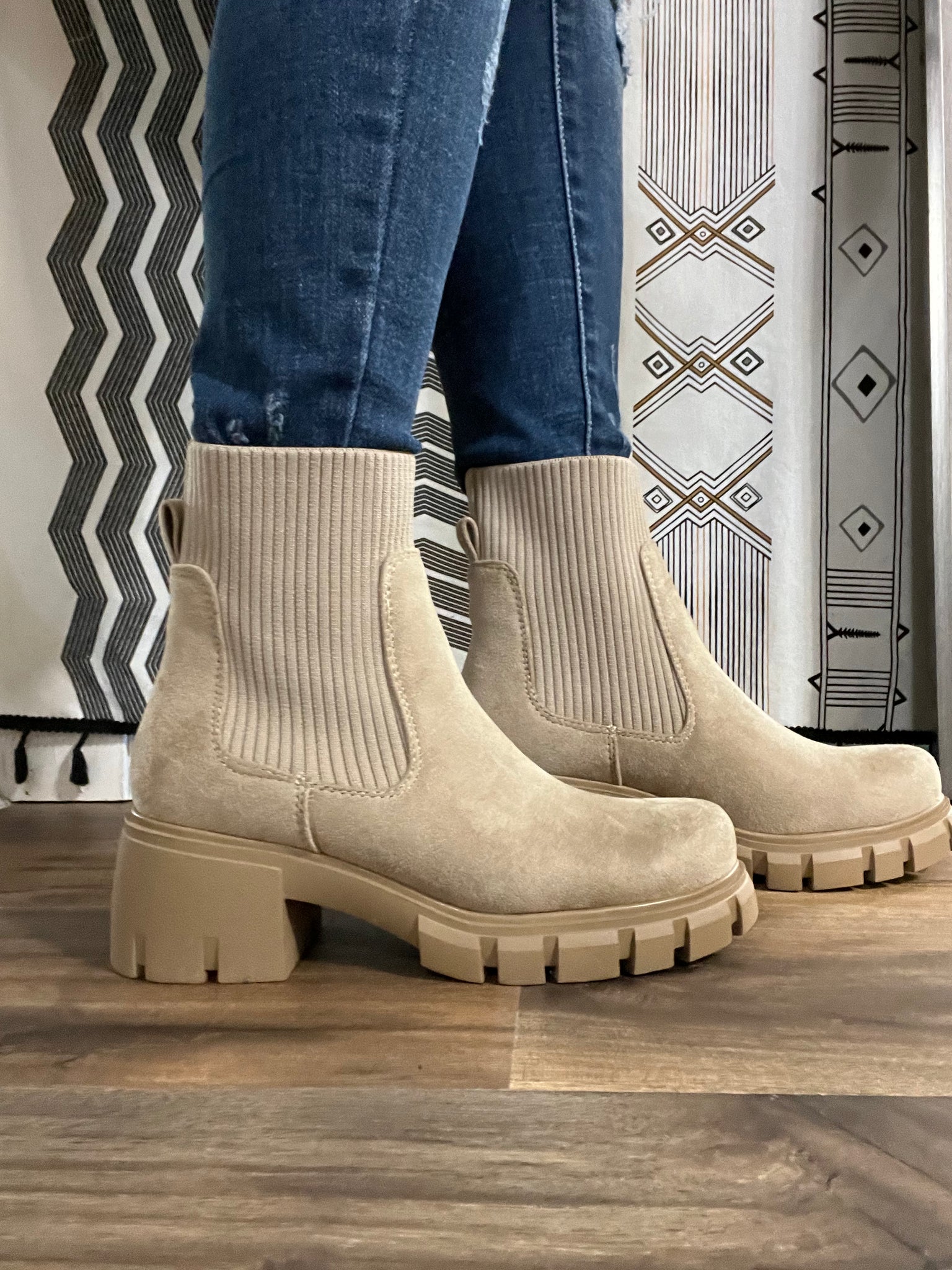 Light Wheat Suede Chunky Ankle Boots