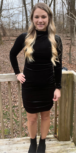 Black Ruched Velour Dress