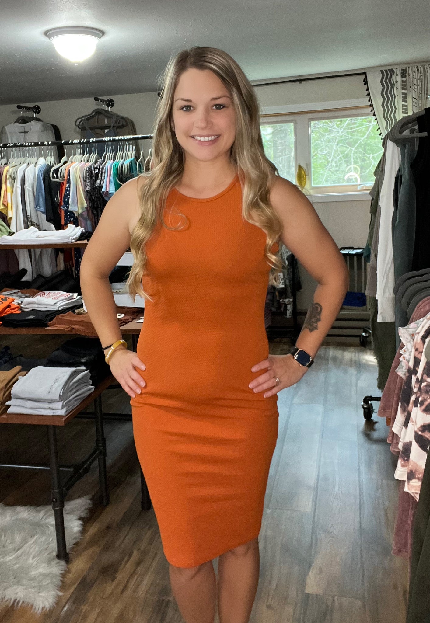 Rust Orange Bodycon Knee Dress